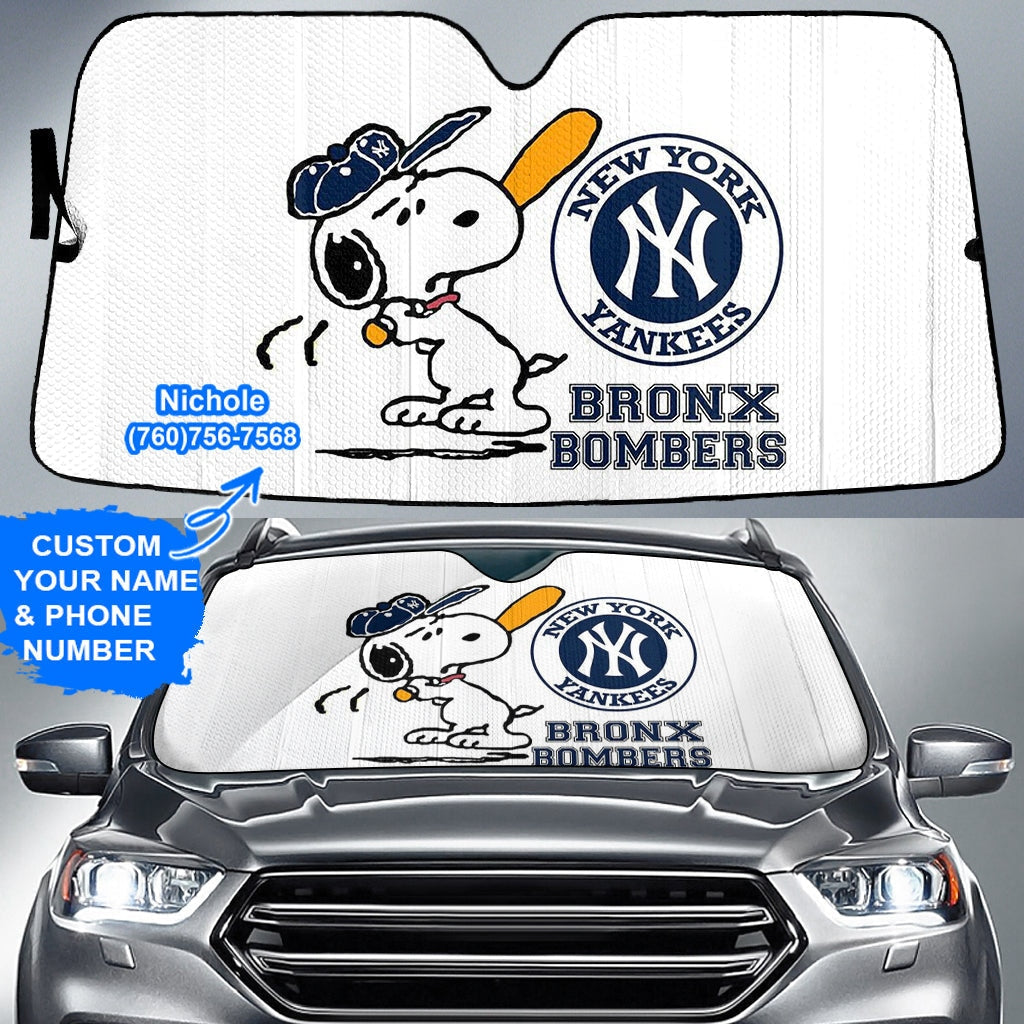 new york yankees bronx bombers snoopy personalized name and phone number custom auto sun shades gift