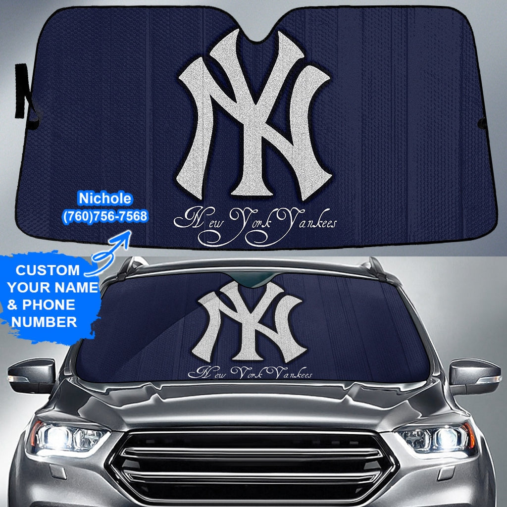 new york yankees silver logo personalized name and phone number custom auto sun shades gifts for mlb