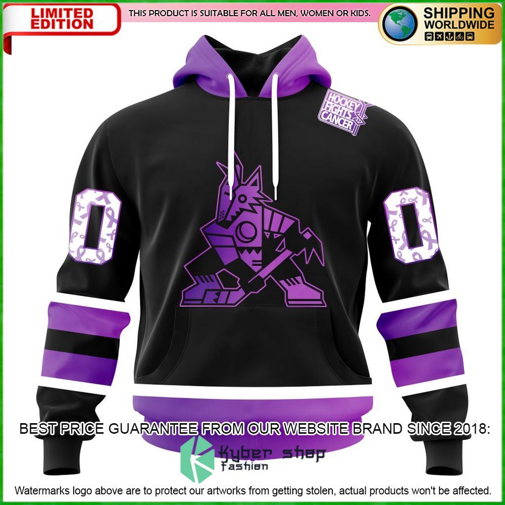 nhl arizona coyotes black hockey fights cancer personalized hoodie shirt 1 396