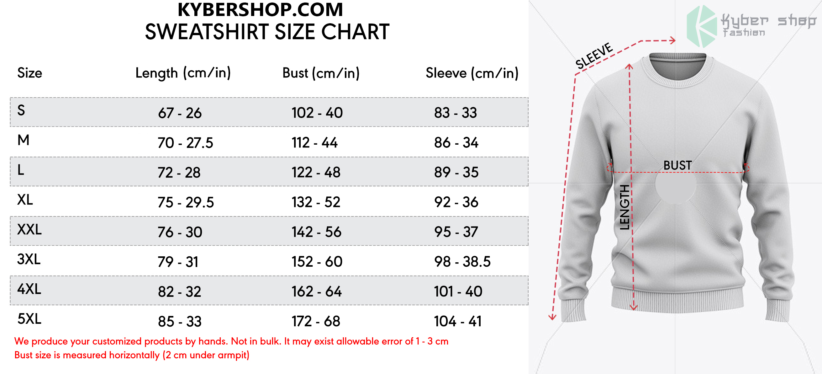 Sweatshirt Size Chart Kybershop