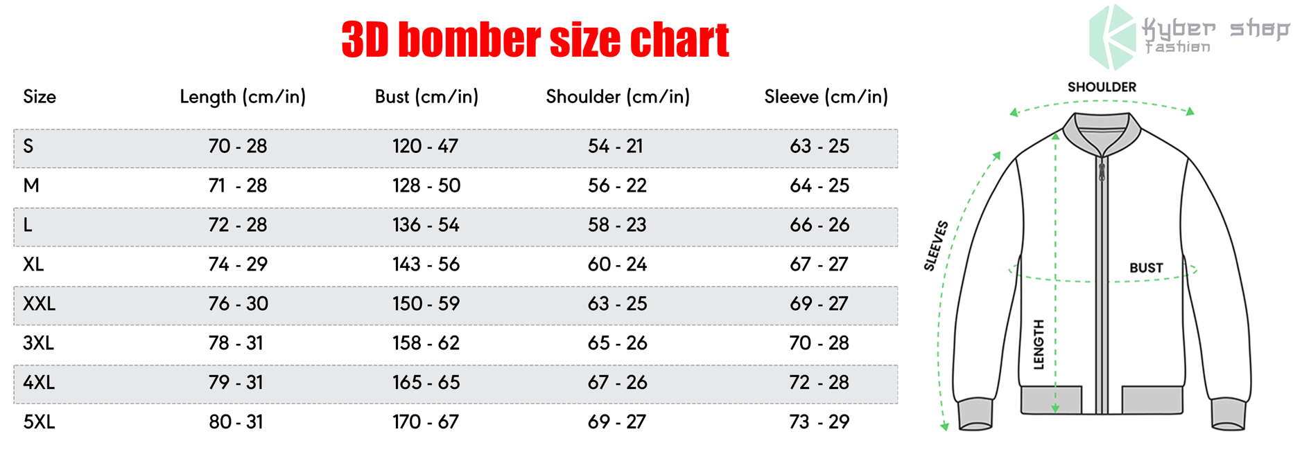 Bomber Jacket Size Chart Kybershop
