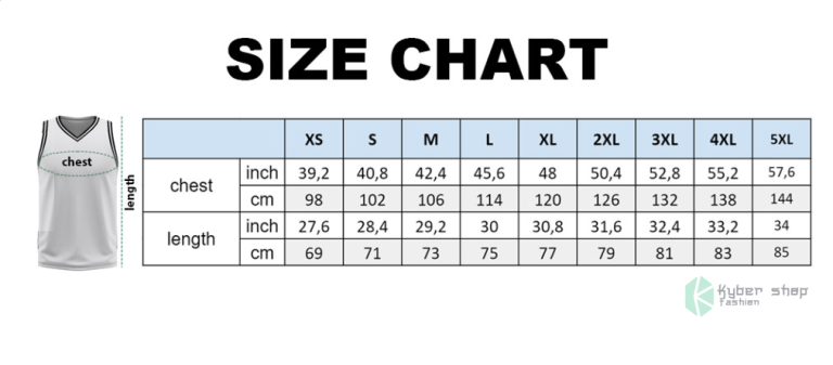 Basketball jersey Size Chart Kybershop